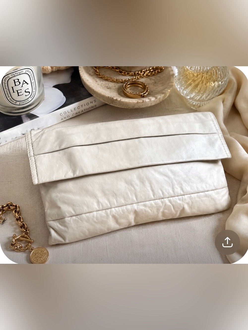 Vintage 1970s Letisse Cream Leather Clutch Foldover Snap Ivory
